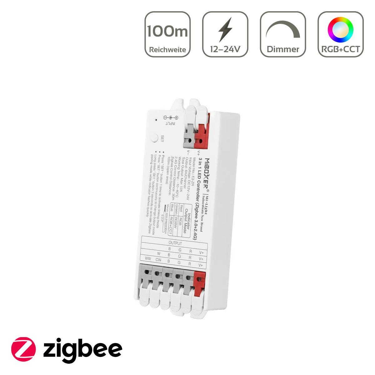 MiBoxer Zigbee 3.0 + 2.4GHz RGB/RGBW/RGB+CCT LED Controller 3 in 1 / 5 Kanal 12/24V Tuya Alexa Google Steuerung E3-ZR