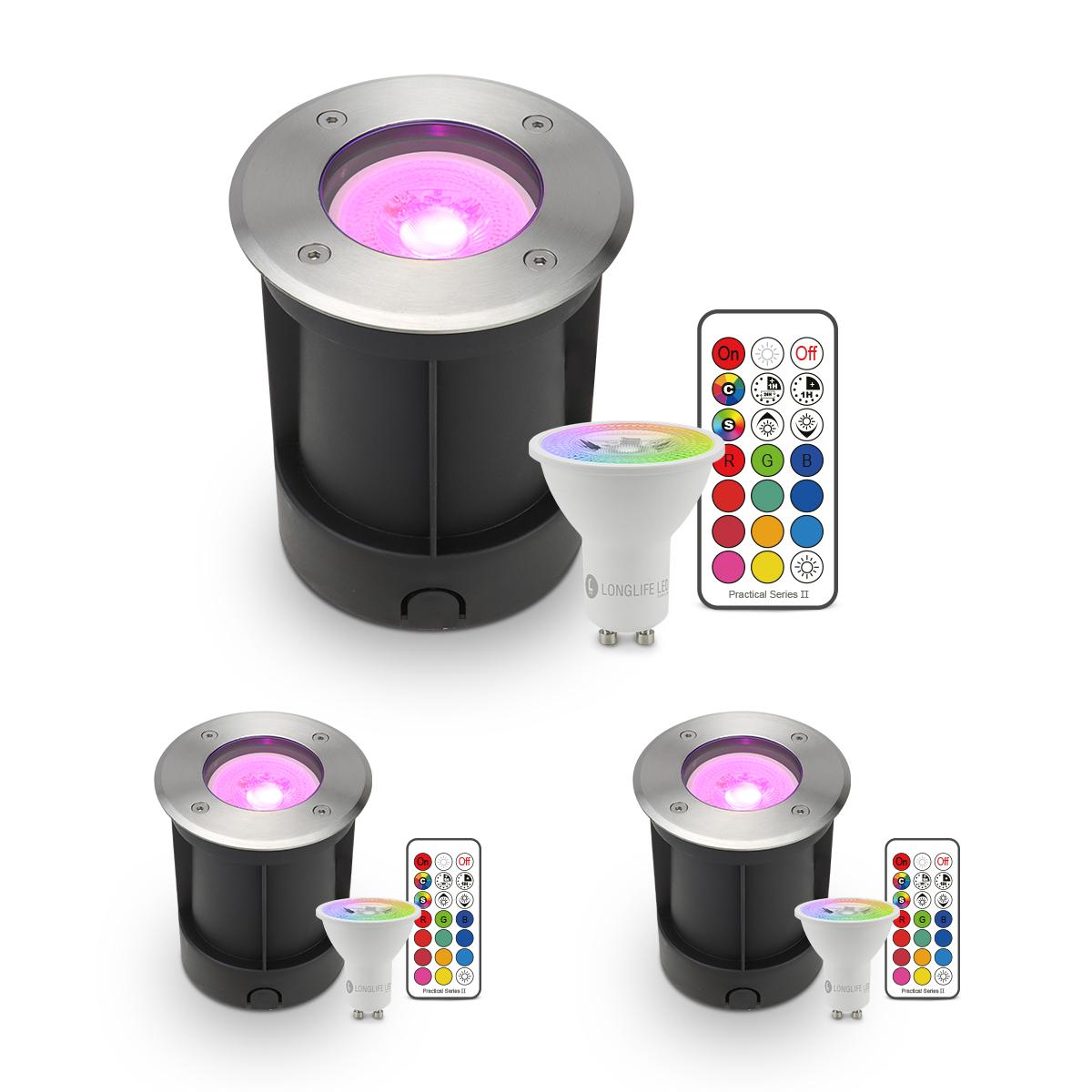 LED Bodeneinbaustrahler rund Edelstahl 230V IP67 - Leuchtmittel: GU10 3W RGBW inkl. IR Fernbedienung - Anzahl: 3x
