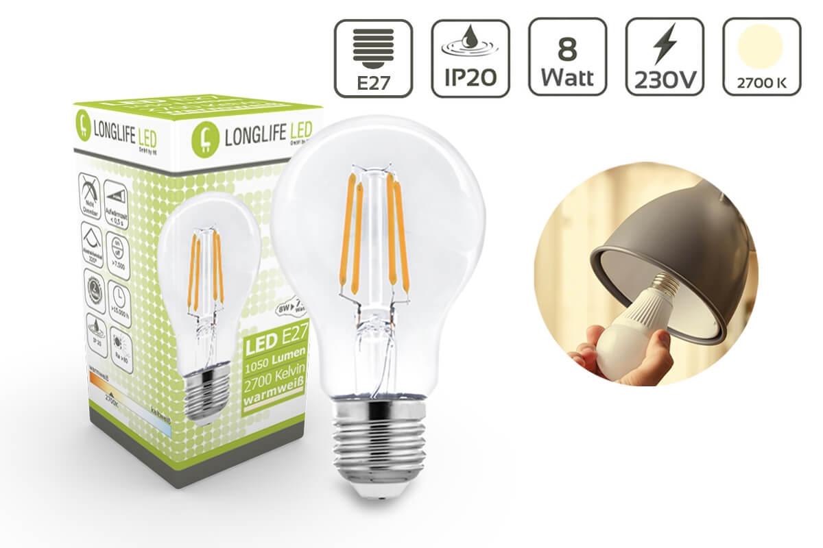 LED Lampe Filament E27 8W A60 2700K Warmweiss 1055lm 320°Abstrahlwinkel 
