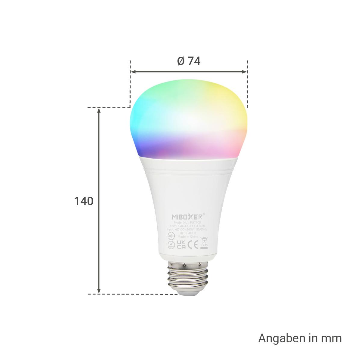 MiBoxer RGB+CCT Lampe 12W E27 | 2.4GHz WiFi ready | FUT105