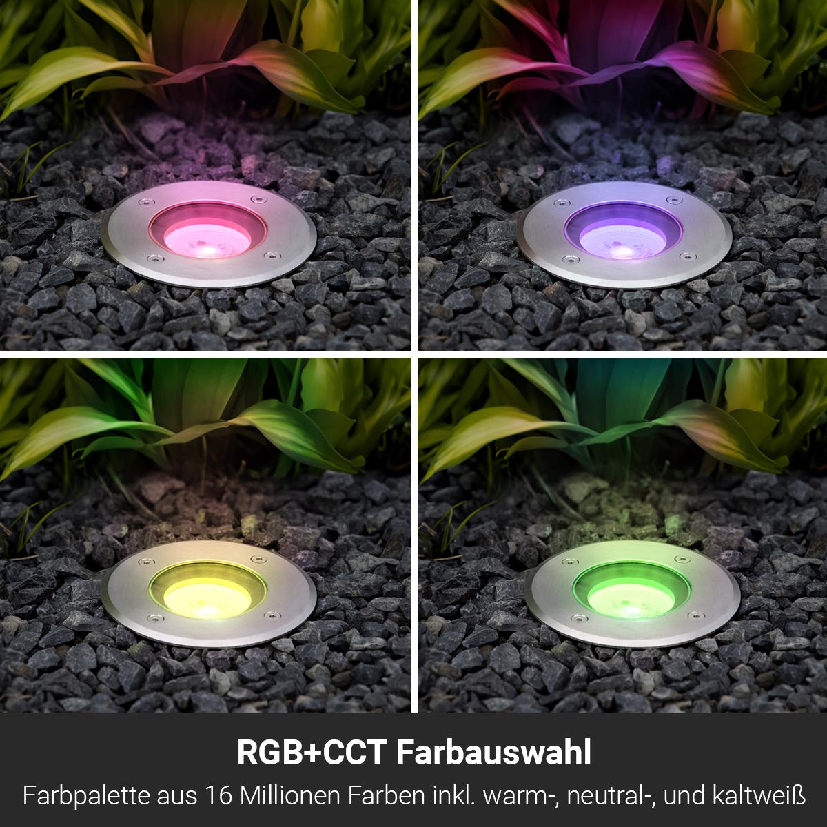 LED Bodeneinbaustrahler FLACH rund Edelstahl 230V IP67 - Leuchtmittel: 5W RGB+CCT DIMMBAR 60° - Anzahl: 1x