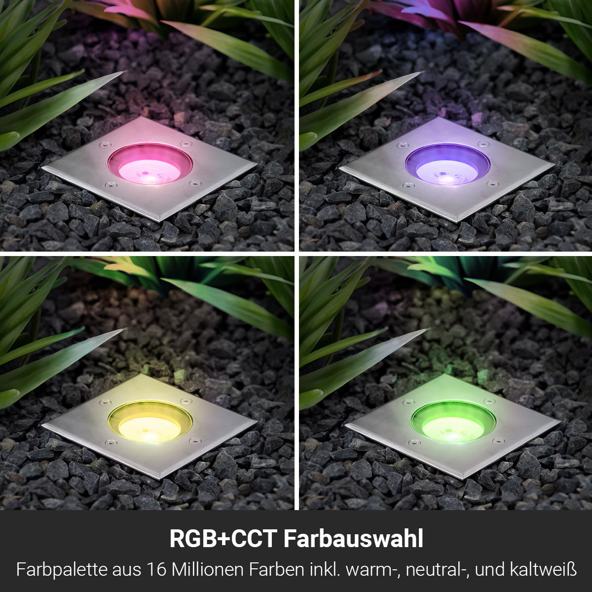 LED Bodeneinbaustrahler flach eckig Edelstahl 230V IP67 - Leuchtmittel: 5W RGB+CCT DIMMBAR 60° - Anzahl: 1x