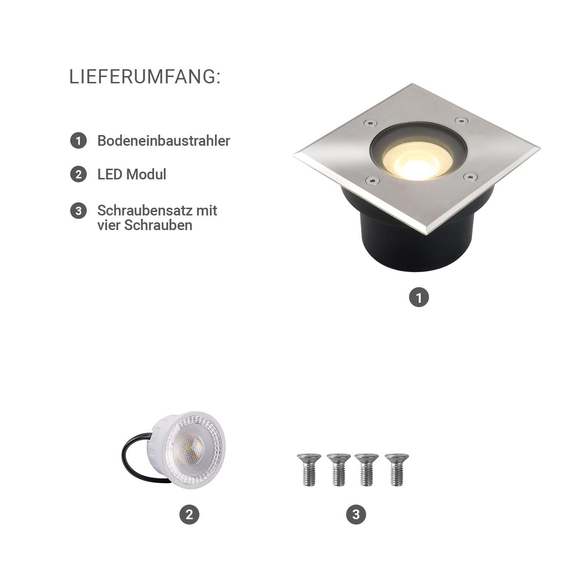 LED Bodeneinbaustrahler flach eckig Edelstahl 230V IP67 - Leuchtmittel: 5W 2700K DIMMBAR 60° - Anzahl: 1x