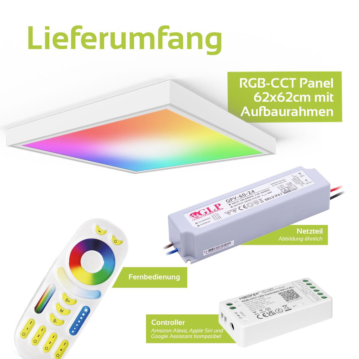 RGB+CCT LED Panel 62x62cm inkl. MiBoxer Smarthomesteuerung 48W 24V Rahmen weiß - Panelmontage: Aufbaurahmen Click weiß