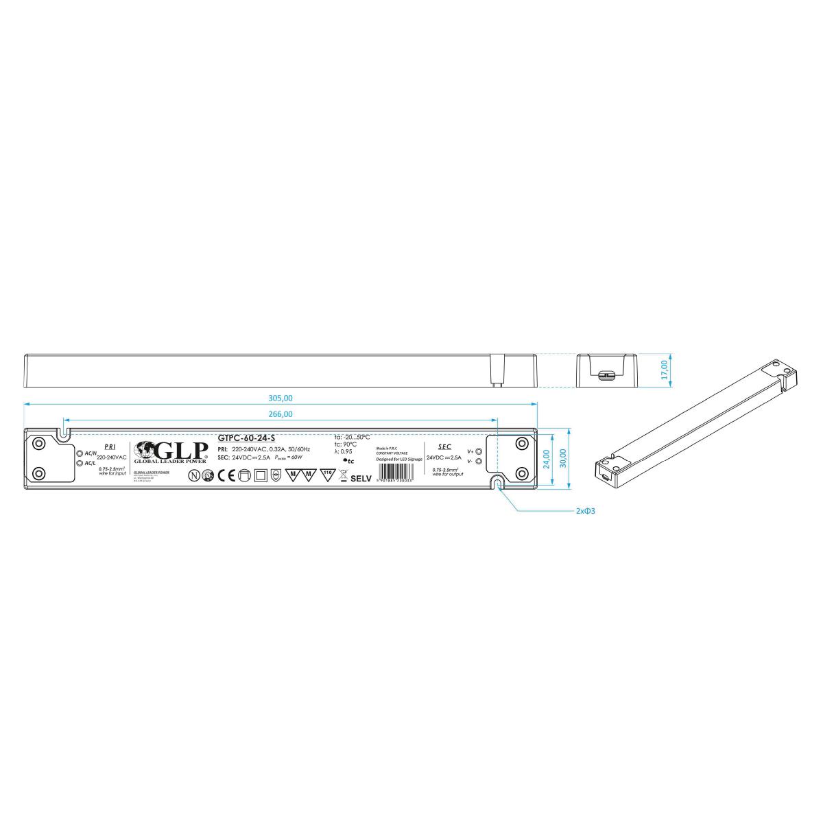 GLP GTPC-60-24-S LED Netzteil extrem flach für Möbeleinbau 60W 24V 2.5A IP20 Schaltnetzteil CV