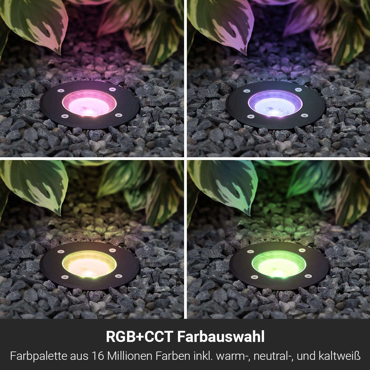 LED Bodeneinbaustrahler Schwarz FLACH rund 230V IP67 - Leuchtmittel: 5W RGB+CCT DIMMBAR 60° - Anzahl: 1x