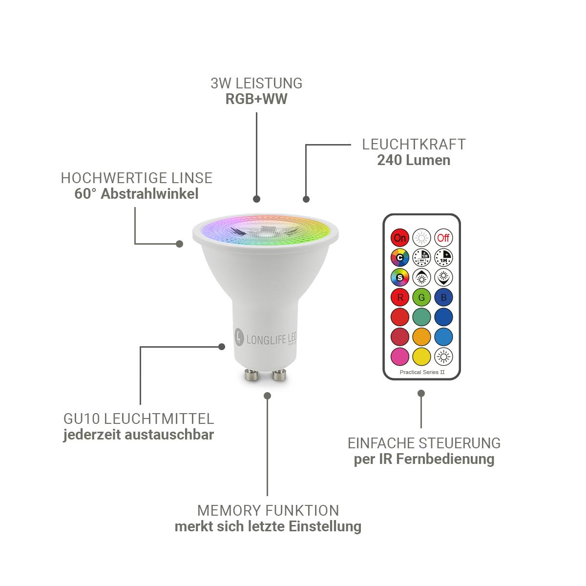 LED Bodeneinbaustrahler Schwarz eckig 230V IP67 - Leuchtmittel: GU10 3W RGBW ink. IR Fernbedienung - Anzahl: 3x