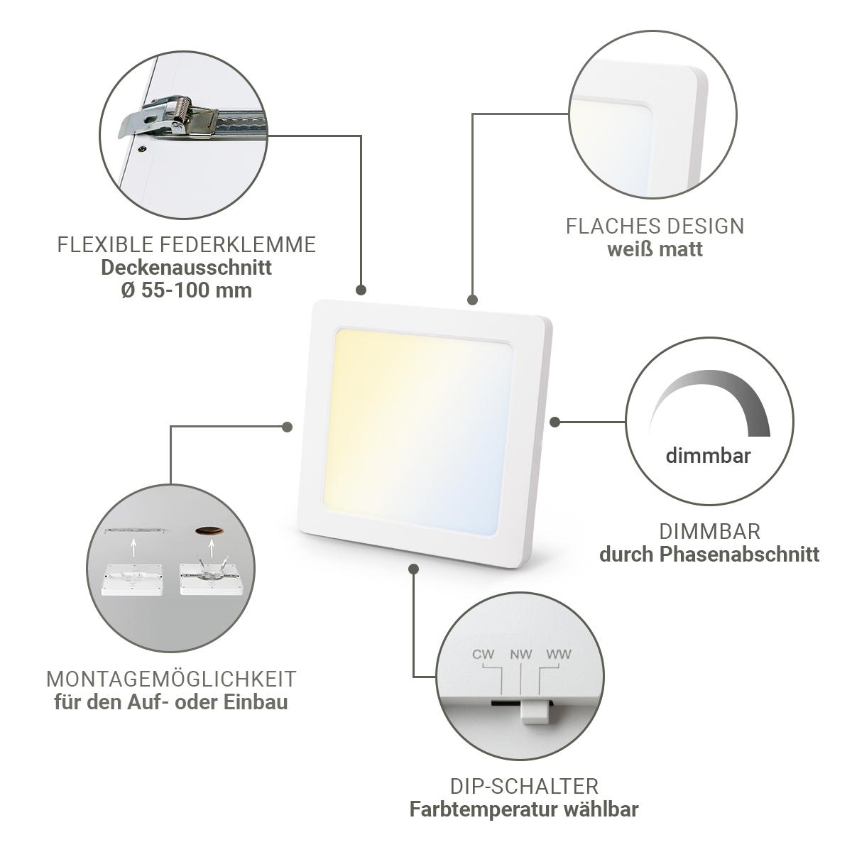 CCT LED Ein-Aufbaustrahler eckig weiss 3000/4000/6000K - Leistung: 6W