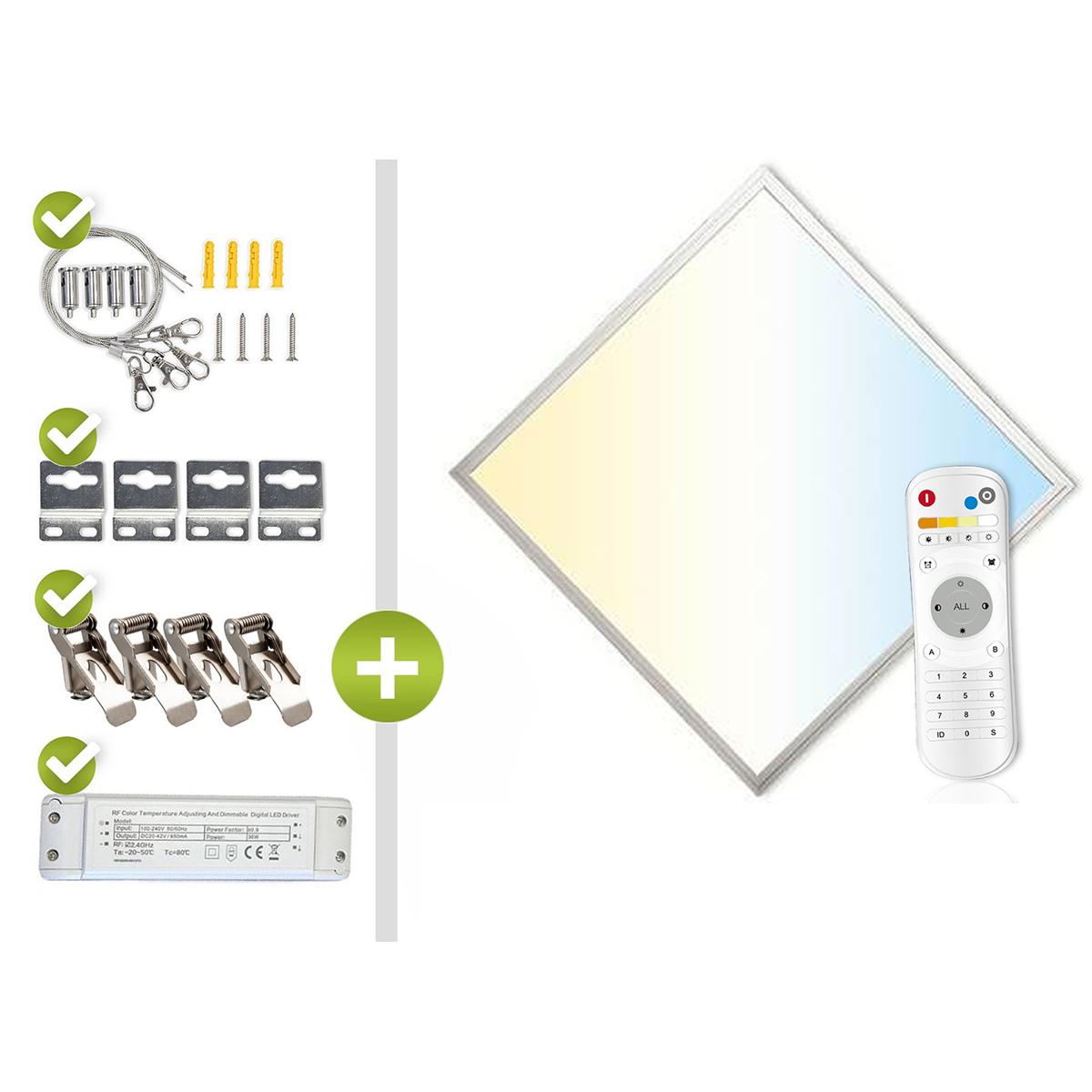 CCT LED Panel 60x60cm Spezialmontageset 36W 3000K-6000K inkl. Fernbedienung, Seilabhängung und Halter