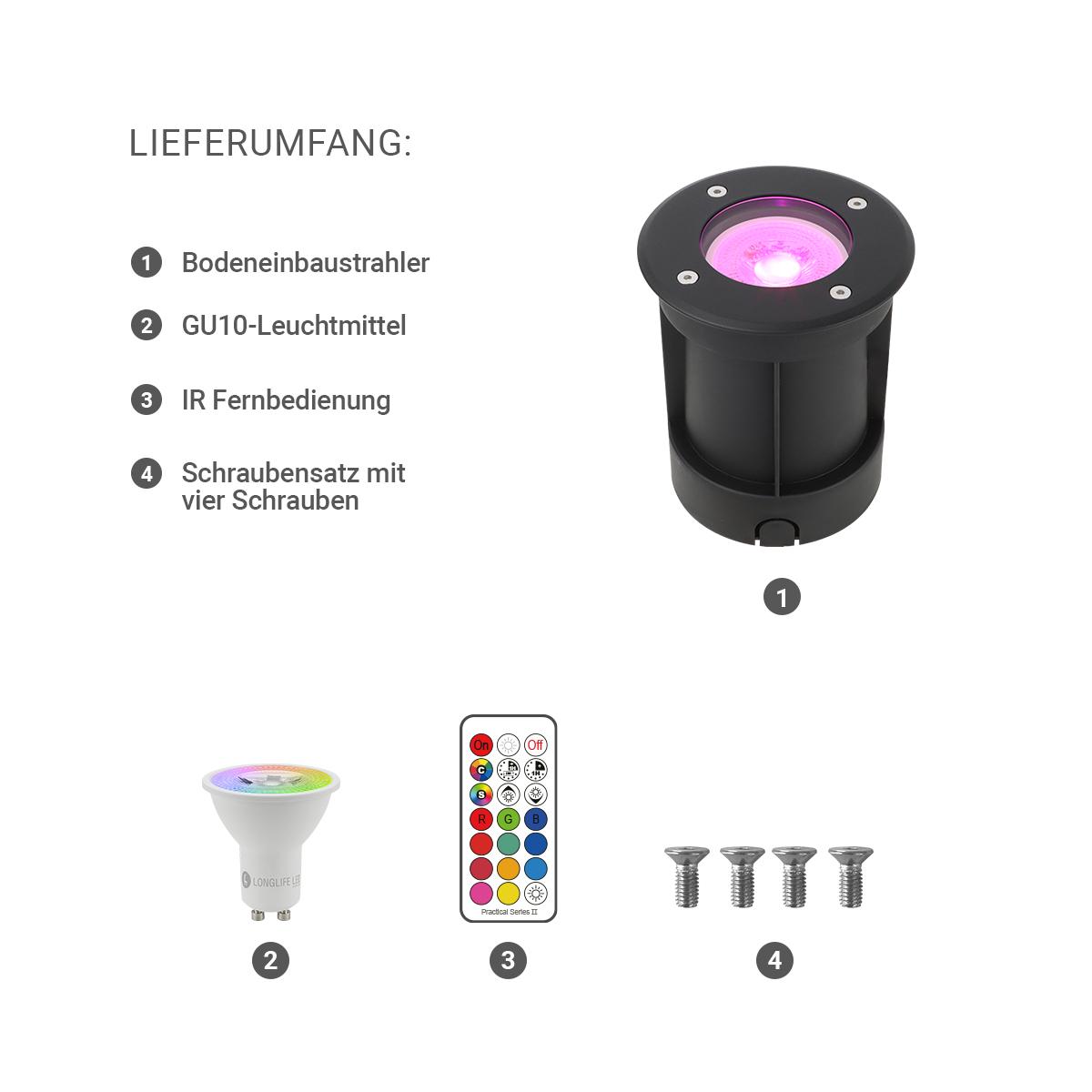 LED Bodeneinbaustrahler Schwarz rund 230V IP67 - Leuchtmittel: GU10 3W RGBW ink. IR Fernbedienung - Anzahl: 1x