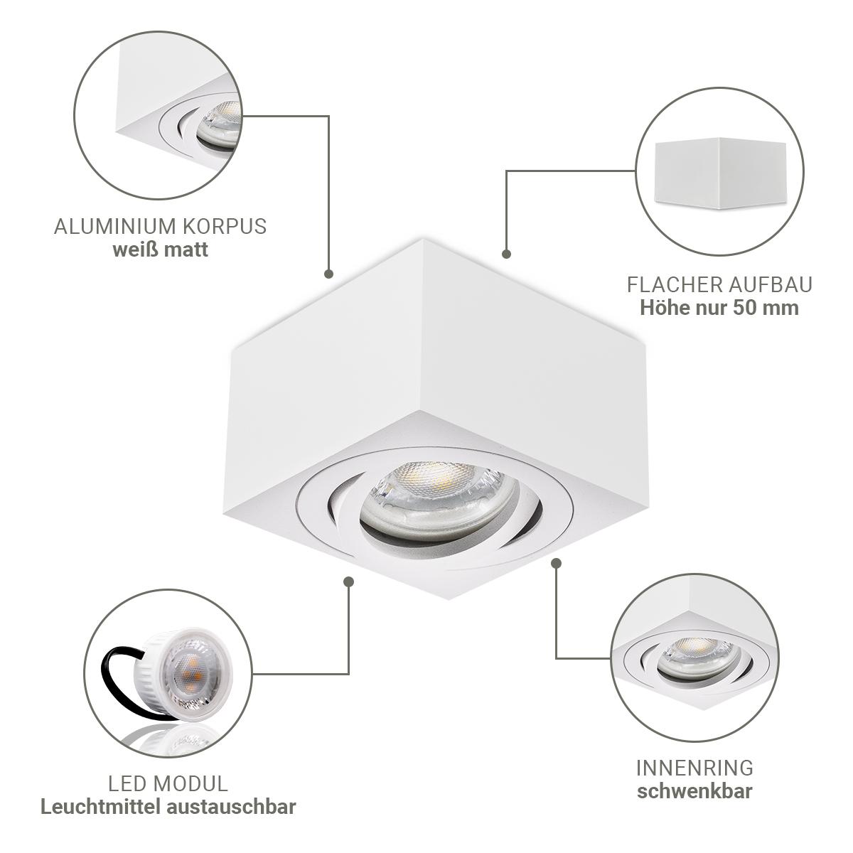 Flacher Aufbaustrahler weiß eckig für LED-Modul schwenkbar Deckenleuchte