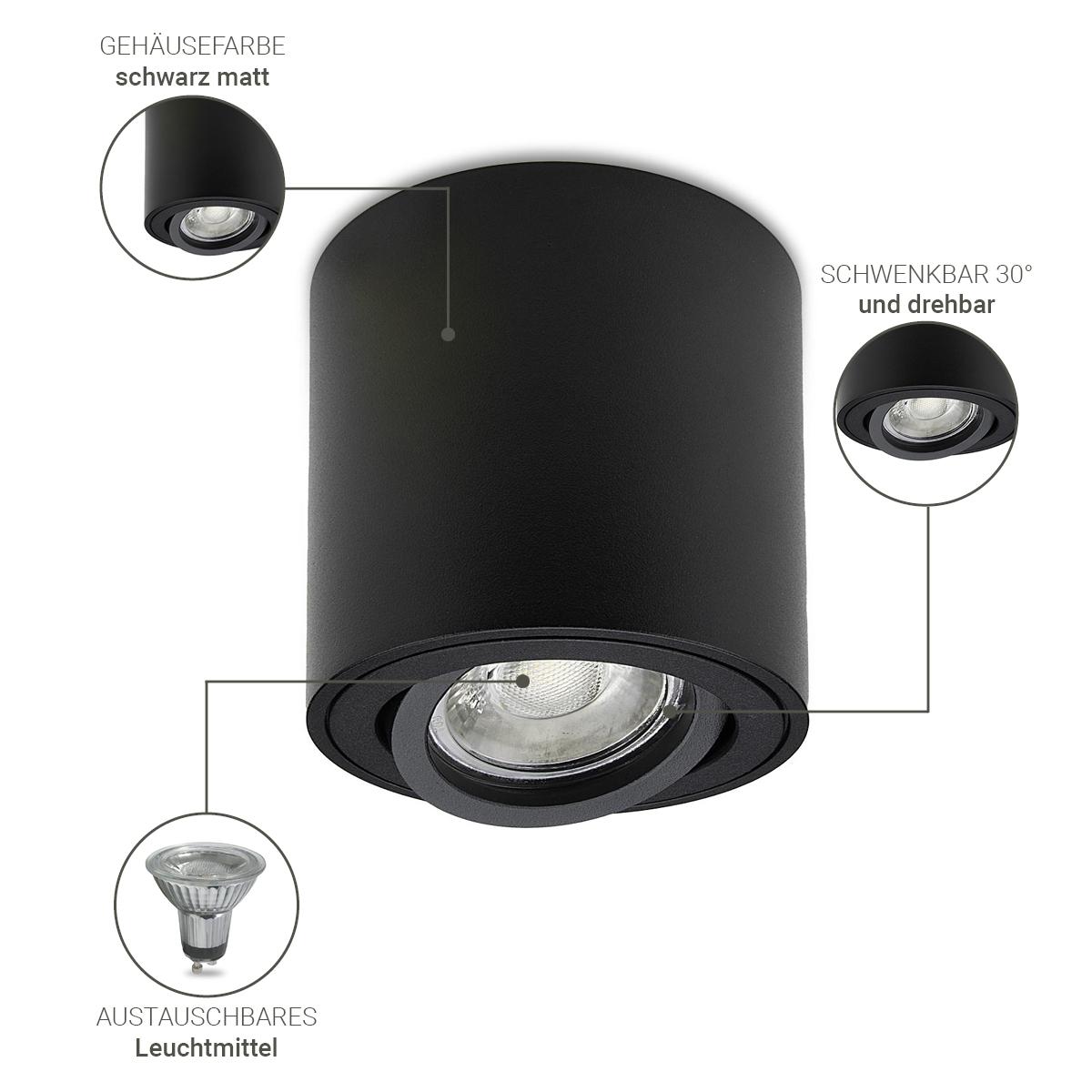 Runder Aufbaustrahler schwarz schwenkbar Deckenbeleuchtung - LED  Leuchtmittel: GU10 5W Warmweiß 230V 40°