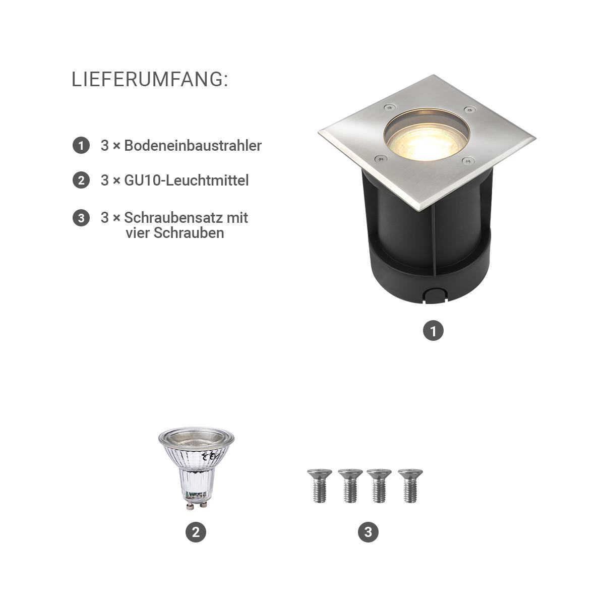 LED Bodeneinbaustrahler eckig Edelstahl 230V IP67 - Leuchtmittel: GU10 5W 2700K DIMMBAR - Anzahl: 3x