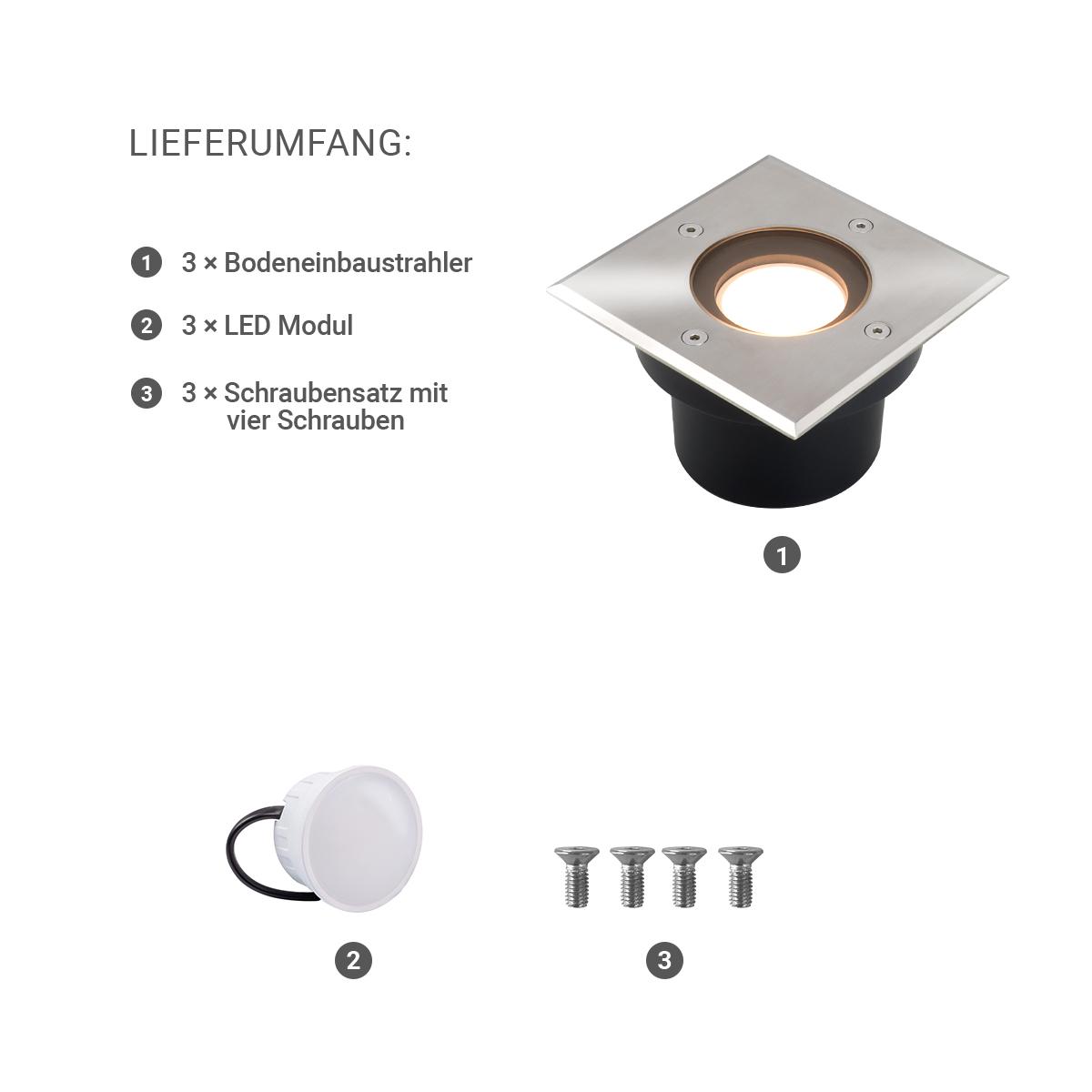 LED Bodeneinbaustrahler flach eckig Edelstahl 230V IP67 - Leuchtmittel: 5W 2700K DIMMBAR 120° - Anzahl: 3x