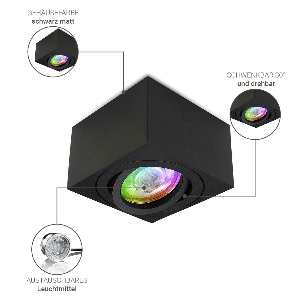 Flacher Aufbaustrahler schwarz eckig schwenkbar Deckenleuchte - LED Leuchtmittel:  3W RGB+Warmweiß 230V dimmbar 60°
