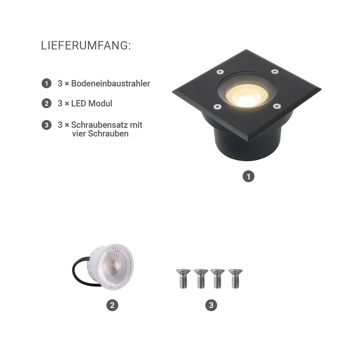 LED Bodeneinbaustrahler Schwarz FLACH eckig 230V IP67 - Leuchtmittel: 5W 2700K DIMMBAR 60° - Anzahl: 3x