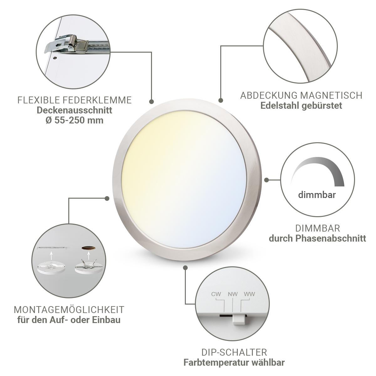 CCT LED Ein-Aufbaustrahler rund silber 24W Ø290mm 3000/4000/6000K Abdeckring silber für Ø294mm
