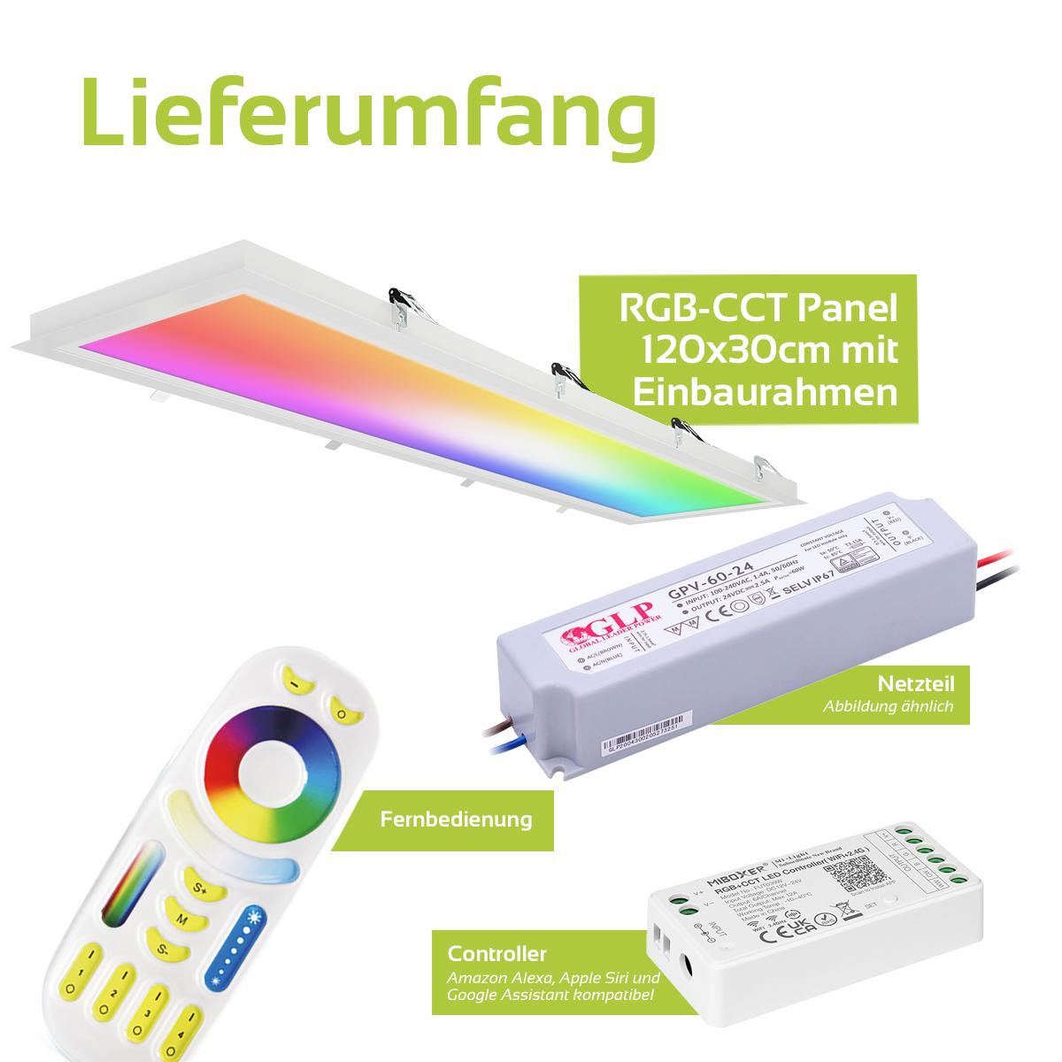 RGB+CCT LED Panel 120x30cm inkl. MiBoxer Smarthomesteuerung 48W 24V Rahmen weiß - Panelmontage:  Einbaurahmen weiß