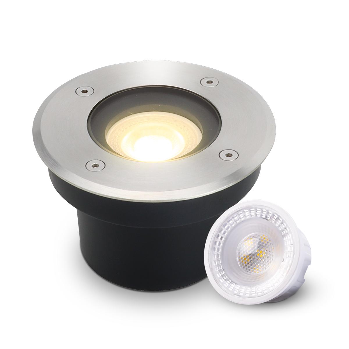 LED Bodeneinbaustrahler FLACH rund Edelstahl 230V IP67 - Leuchtmittel: 5W 2700K DIMMBAR 60° - Anzahl: 1x