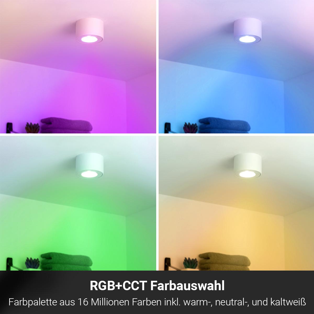 Flacher Aufbaustrahler rund IP44 Deckenleuchte - Farbe: weiß - LED Leuchtmittel: 5W RGB+CCT 230V dimmbar 60°