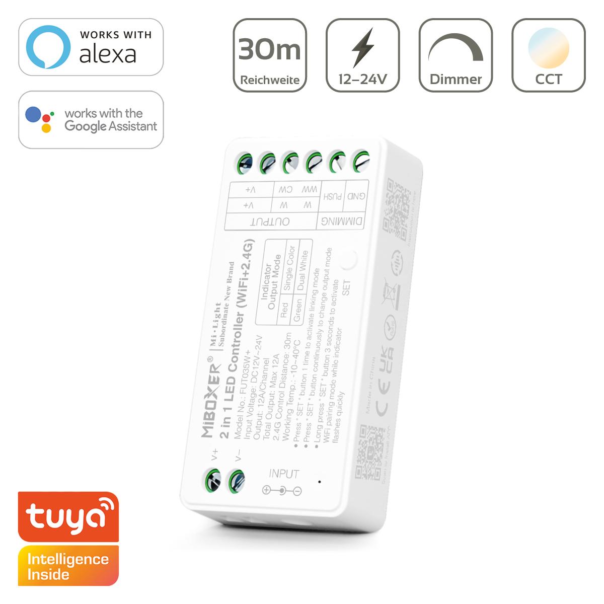 MiBoxer CCT WIFI LED Controller 2 in 1 Einfarbig / Dual White 12/24V Tuya Alexa Google Steuerung FUT035W+