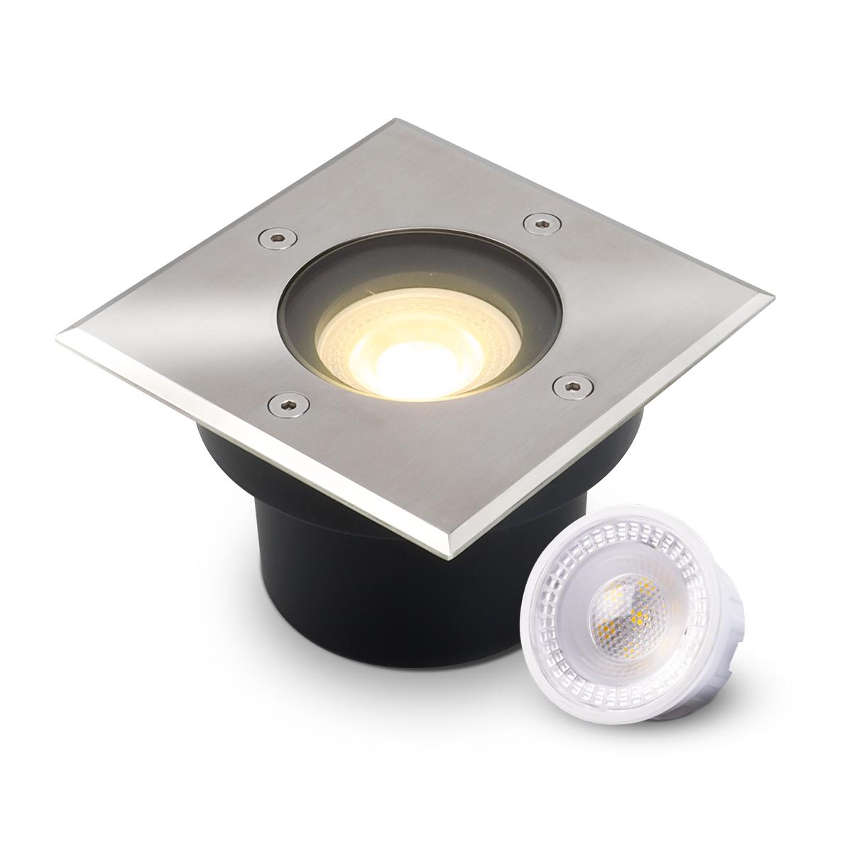 LED Bodeneinbaustrahler flach eckig Edelstahl 230V IP67 - Leuchtmittel: 5W 2700K DIMMBAR 60° - Anzahl: 1x