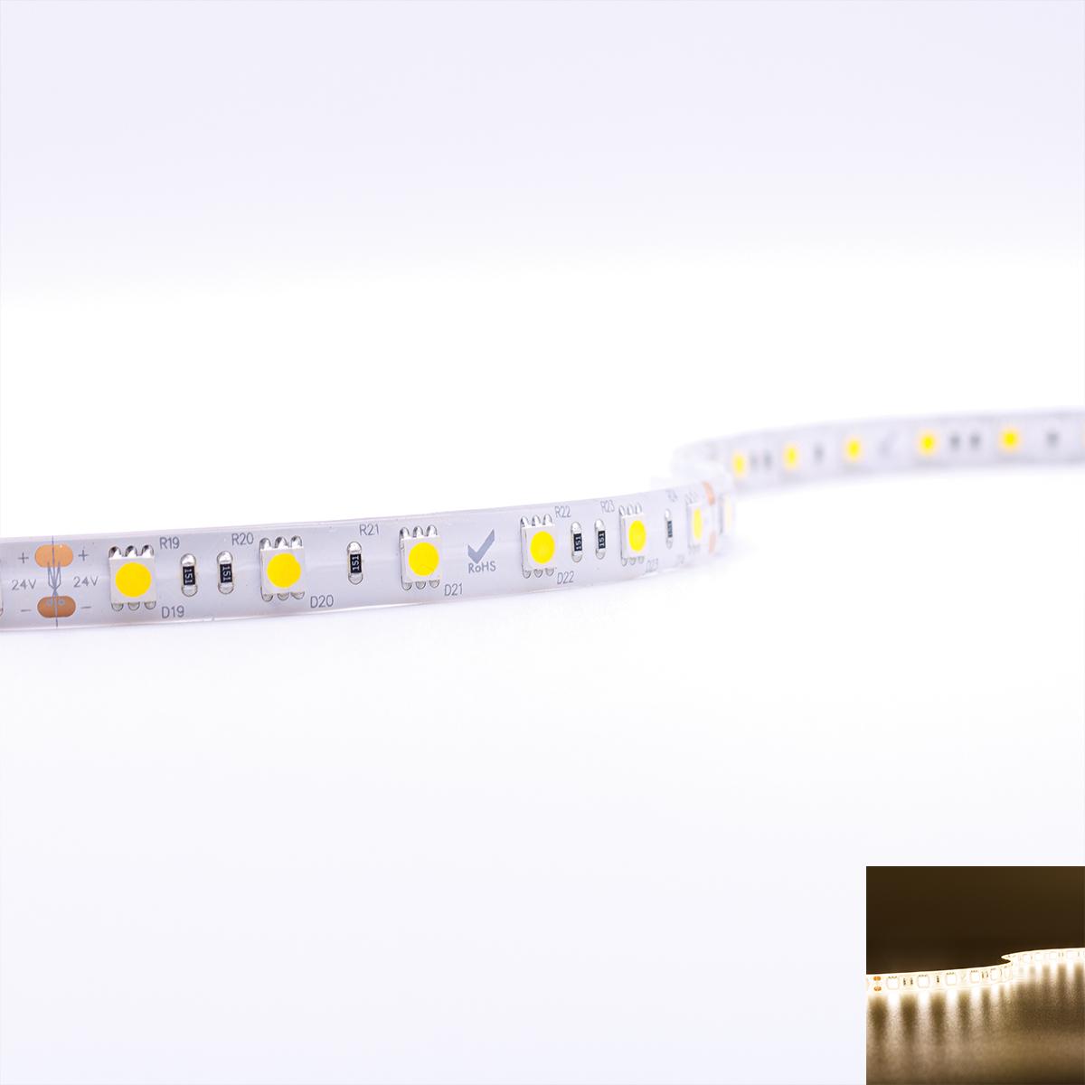 Strip 24V LED Streifen 5M 14,4W/m 60LED/m 10mm - Lichtfarbe: Warmweiß 3000K - Schutzart: IP65
