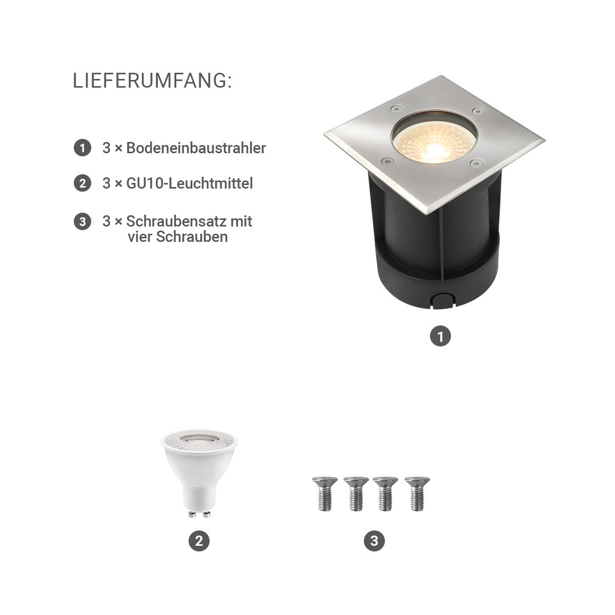 LED Bodeneinbaustrahler eckig Edelstahl 230V IP67 - Leuchtmittel: GU10 4W 2700K - Anzahl: 3x