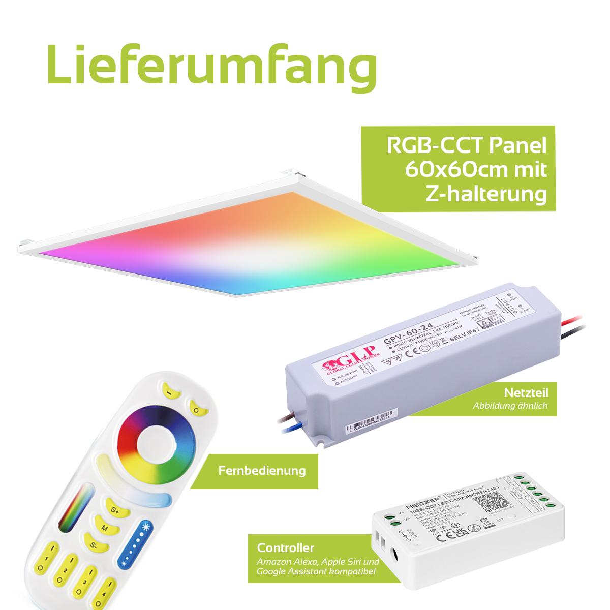 RGB+CCT LED Panel 60x60cm inkl. MiBoxer Smarthomesteuerung 48W 24V Rahmen weiß - Panelmontage:  Z Halterung für Wand und Deckenmontage