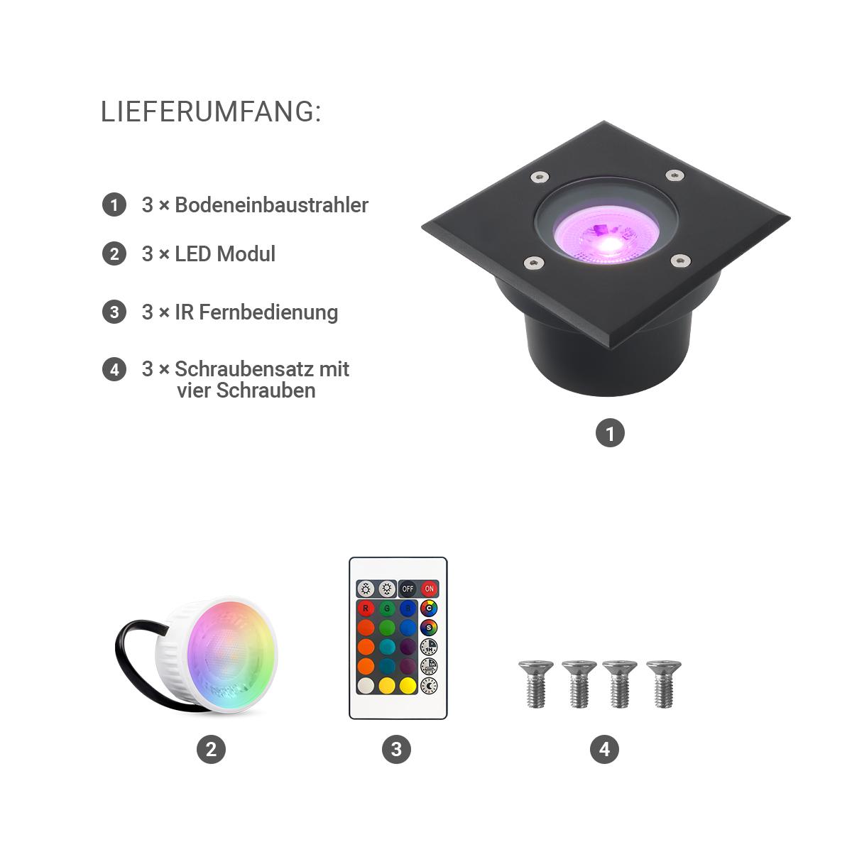 LED Bodeneinbaustrahler Schwarz FLACH eckig 230V IP67 - Leuchtmittel: 5W RGB+CCT DIMMBAR 60° - Anzahl: 3x