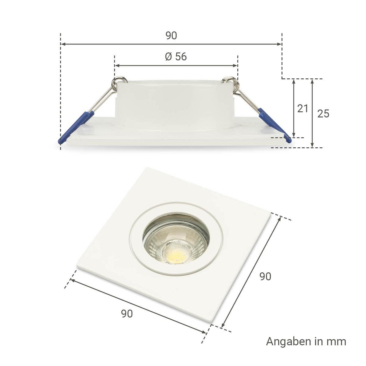 Einbauspot IP44 eckig - Farbe:  weiß - LED Leuchtmittel:  GU10 5W warmweiß dimmbar