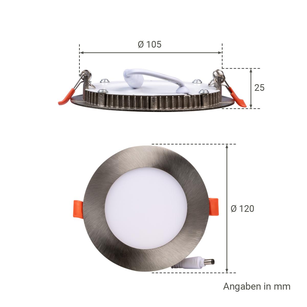LED Panel Einbaustrahler rund silber - Lichtfarbe: Warmweiß 3000K dimmbar - Ausführung: 6W Ø120mm Ausschnitt Ø105mm