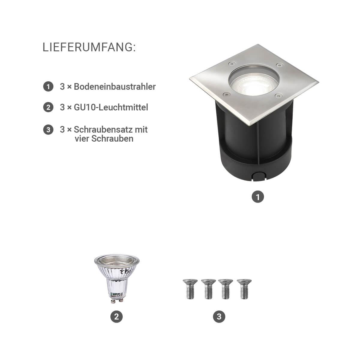 LED Bodeneinbaustrahler eckig Edelstahl 230V IP67 - Leuchtmittel: GU10 5W 4000K DIMMBAR - Anzahl: 3x