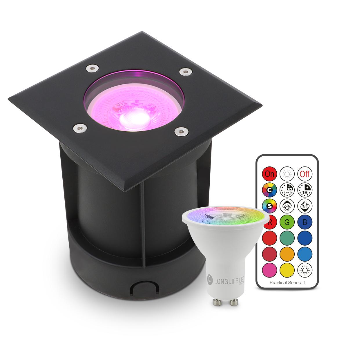LED Bodeneinbaustrahler Schwarz eckig 230V IP67 - Leuchtmittel: GU10 3W RGBW ink. IR Fernbedienung - Anzahl: 1x